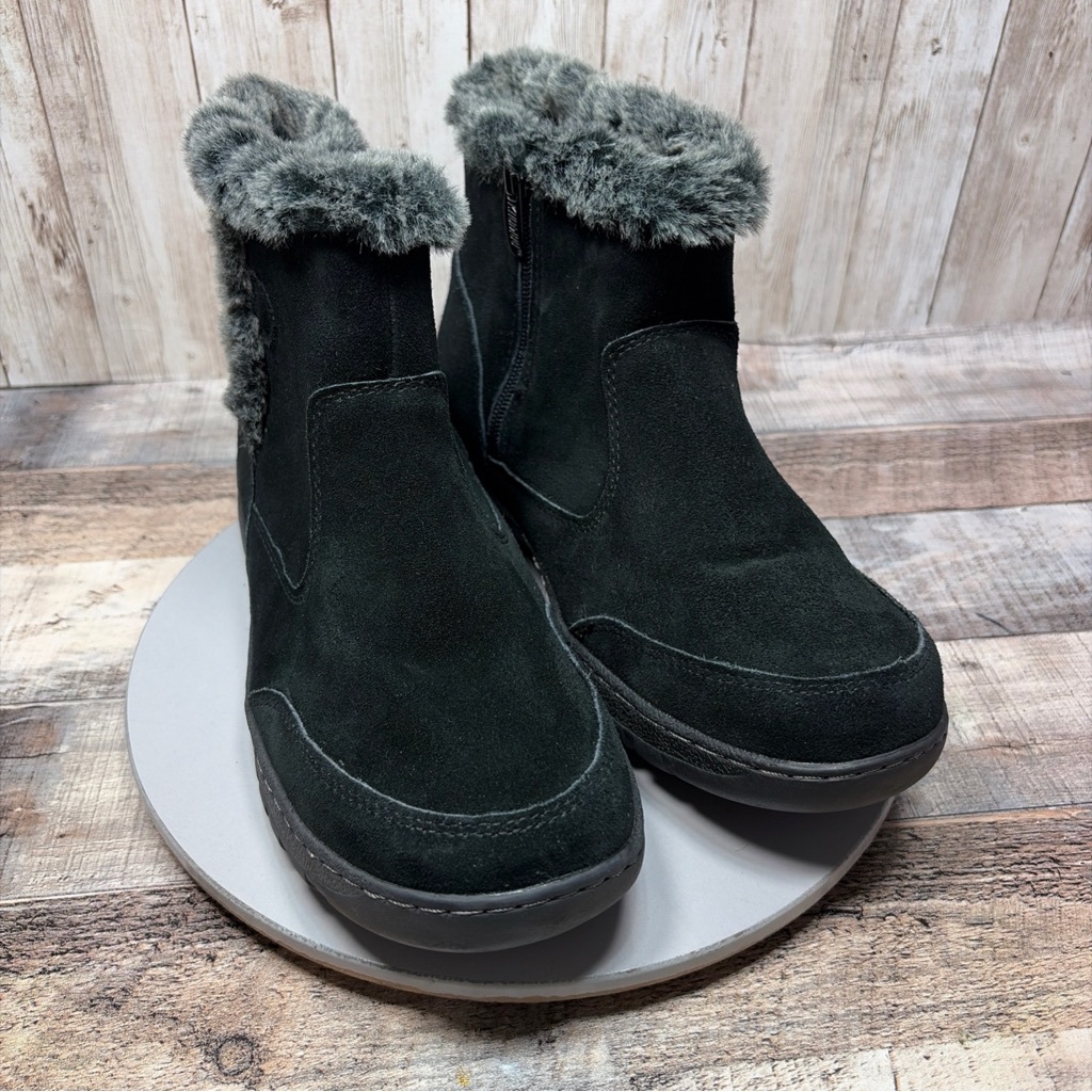 Khombu Women’s Black Suede Winter Ankle Boots Faux Fur Trim Size 9 M